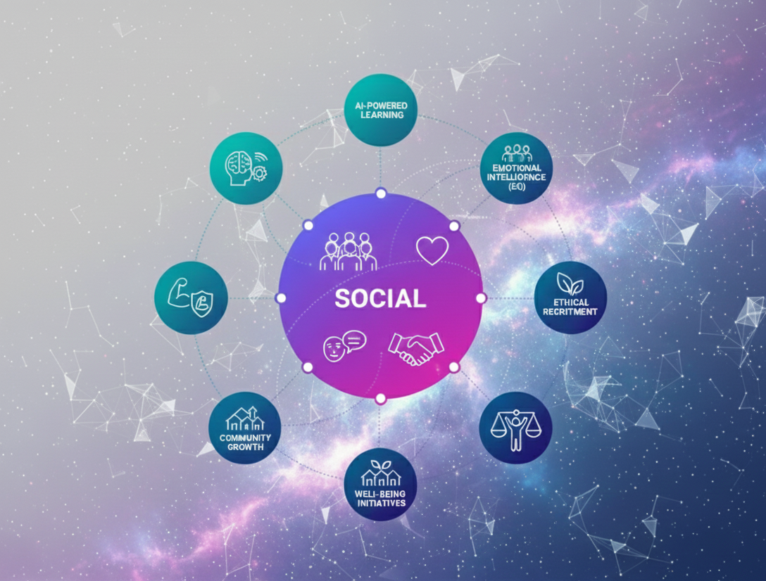 highlighting the Social component against a dark background with blue and purple network details, symbolizing BPO's Social Blueprint.